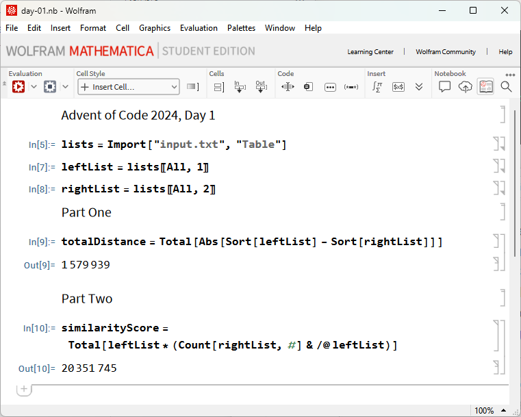 Text and code in Wolfram Notebook window